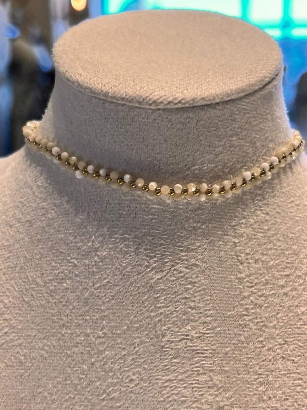 Handmade Mother of Pearl Woven Choker Necklace Gold-Tone Adjustable 12-14.5 in